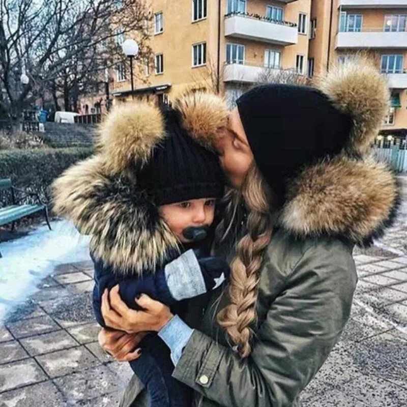 Dropshipping Winter Double Plush Ball Cap Hat for Women Baby Girls Knitted Beanies Cap Hat Thick Female Autumn Gorro New