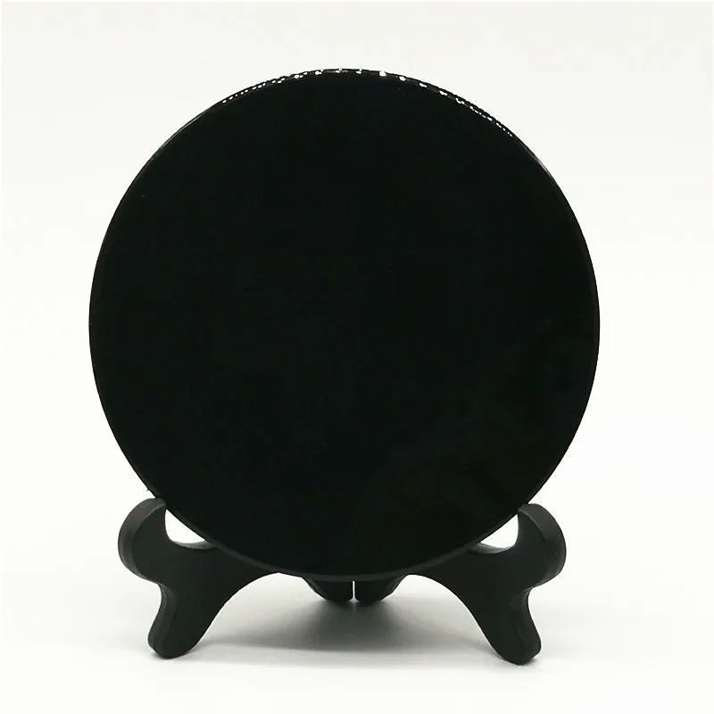 

High Quality Natural Black Obsidian Stone Scrying Mirror Round Plate Fengshui Mirror For Home Decoration Gift With Shelf