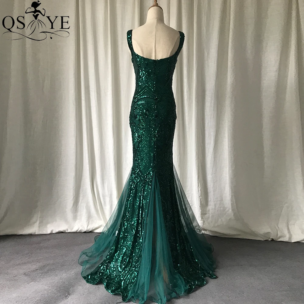 Luxury Emerald Evening Dresses Green Sequined Long Mermaid Prom Gown Glitter Elegant Party Dress Pattern Lace Formal Dress 2022