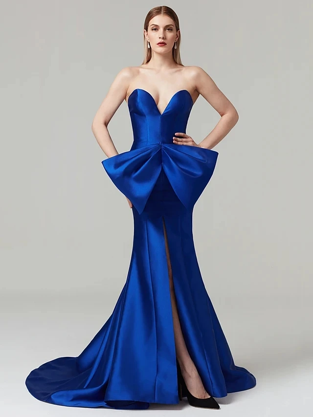 Vestidos de Noche formales de sirena con abertura azul real, ropa de Gala de satén con lazo, vestido de fiesta de graduación, hecho a medida, 2024