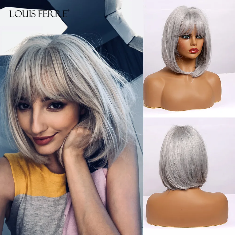 LOUIS FERRE – perruque synthétique grise cendrée argentée avec frange, perruque Bobo Cosplay courte et lisse pour femmes noires, en fibre mignonne