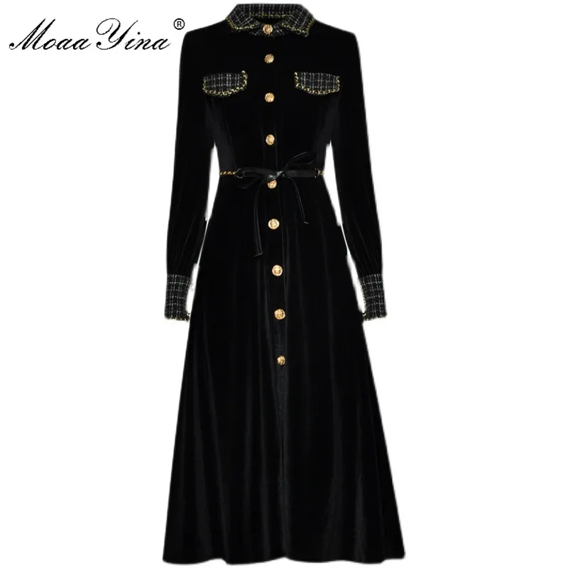 MoaaYina Fashion dress Spring Women Dress turn-down collar Long sleeve Single-breasted lace-up Velvet Keep warm Black Dresses