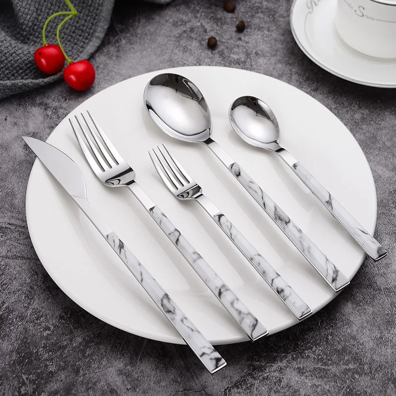 Stainless Steel Marble Silver Tableware Steak Knife Fork Dessert Spoon Western Dinnerware Kitchen Utensil