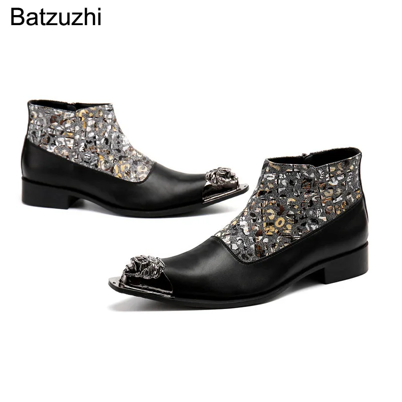 

Batzuzhi Fashion Men's Ankle Boots Genuine Leather Personality Pointed Metal Toe Zip Black Color Leather Motorcycle/Party Botas