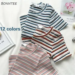 Short Sleeve T-shirts Women Lovely Slim Chic Soft Ulzzang Summer Ladies Crop Top Striped All-match Casual Popular Femme Tees Ins