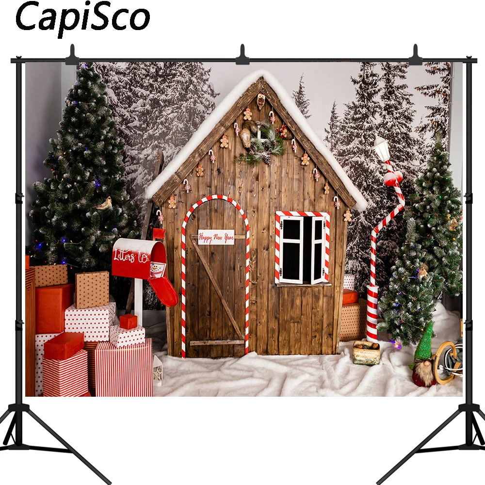 Capisco Photography Background Christmas Decoration Tree Retro Vintage Wooden house snow gift xmas Backdrops for Photo Studio