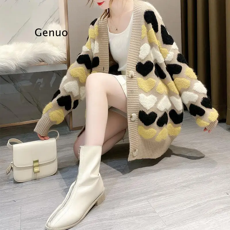 

Europe station Lazy Style Mid-Length Women Cardigan Coat Winter Knitted Sweater Jacquard Loose Ladies Fashion Coat Top
