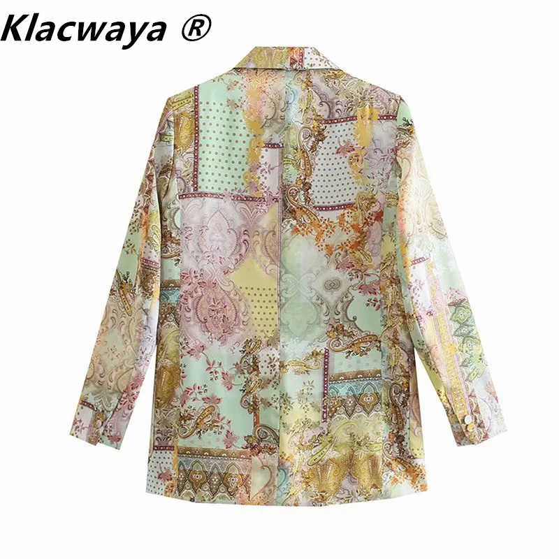 Klacwaya Za Women 2021 Fashion Printing Casual No Buttons Blazer Coat Vintage Long Sleeve Pockets Female Outerwear Chic Blazers