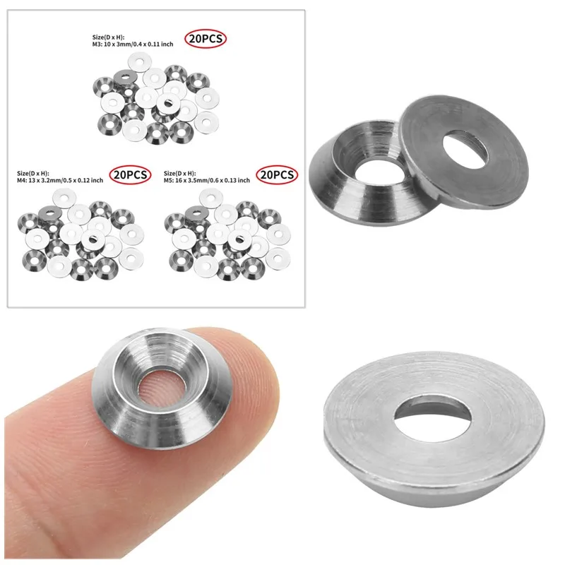 20Pc Stainless Steel Washer Cone Cup Head Screw Gasket Conical Washer Shim Reinforcement Ring M3/M4/M5 Hardware Fasteners Washer