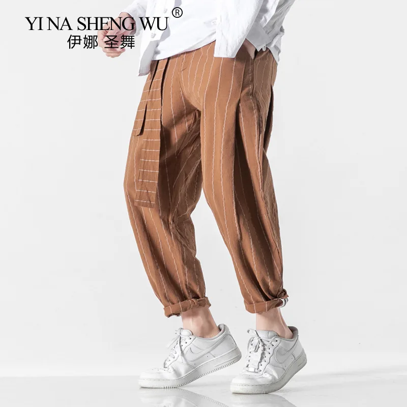 Spring and Summer New Elastic Kung Fu Loose Striped Pants Men's Japanese Belt Cotton Hemp Chinese Style Casual Harlan Pants