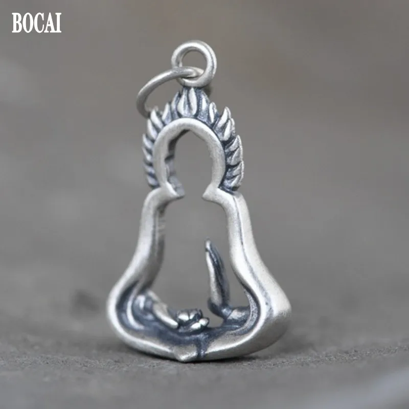 BOCAI  Trend New Real s925 Silver Jewelry Retro Matte Fashion Praying Hands of Buddha Clavicle Chain Woman Pendant