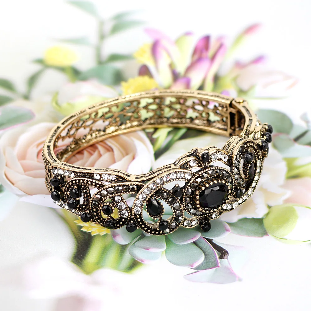 Sunspicems Retro Vintage Turkish Crystal Cuff Bracelet Antique Gold Color Ethnic Wedding Bangle Jewelry Gift
