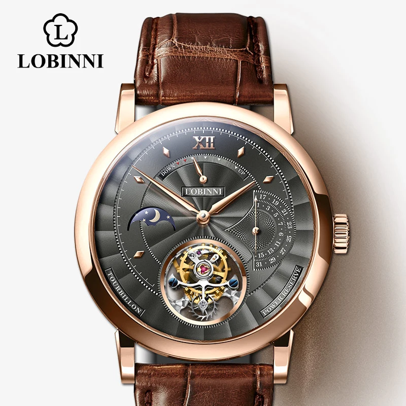 LOBINNI erkek kol saati Switzerland Luxury Brand Automatic Mechanical Men\'s Wirstwatches Sapphire Leather Real Tourbillon Watch