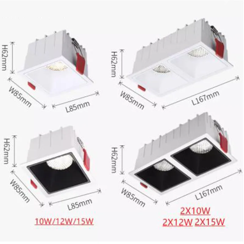 Podwójne reflektory LED przeciwodblaskowa wbudowana lampa świecąca w dół willa salon krata prostokątne odważne światła dzienne