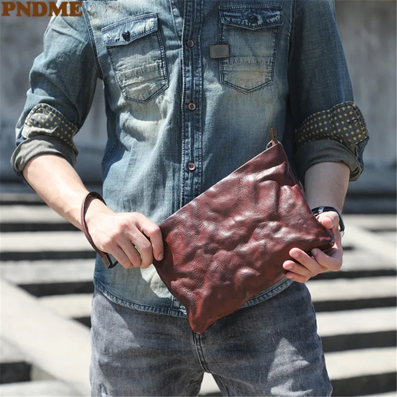 PNDME fashion simple genuine leather men\'s clutch bag vintage pleated designer natural real cowhide multifunctional phone wallet