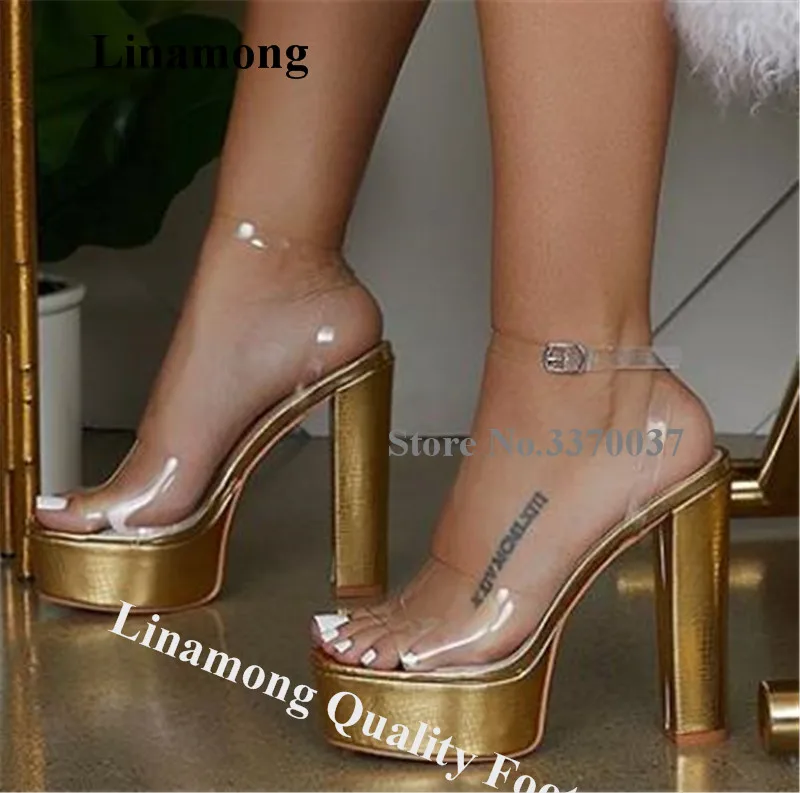 

Linamong Sexy Gold Clear PVC Patchwork High Platform Chunky Heel Sandals Transparent Thick High Heel Sandals Formal Dress Heels