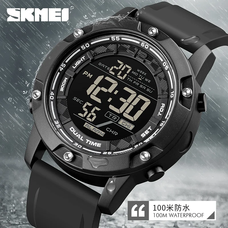 SKMEI Strong Waterproof 50M Sport Digital Army Mens Watch Silicone Strap Stopwatch LED Electronic Wrist Watch Male Black