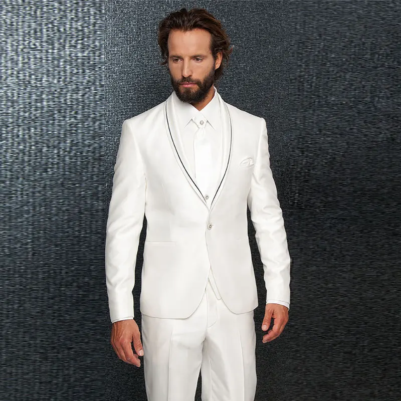 

White Three Pieces Men Suits Shawl Lapel Formal Tuxedos For Wedding Bridegroom Custom Made Prom Blazers (Jacket+Pants+Vest)