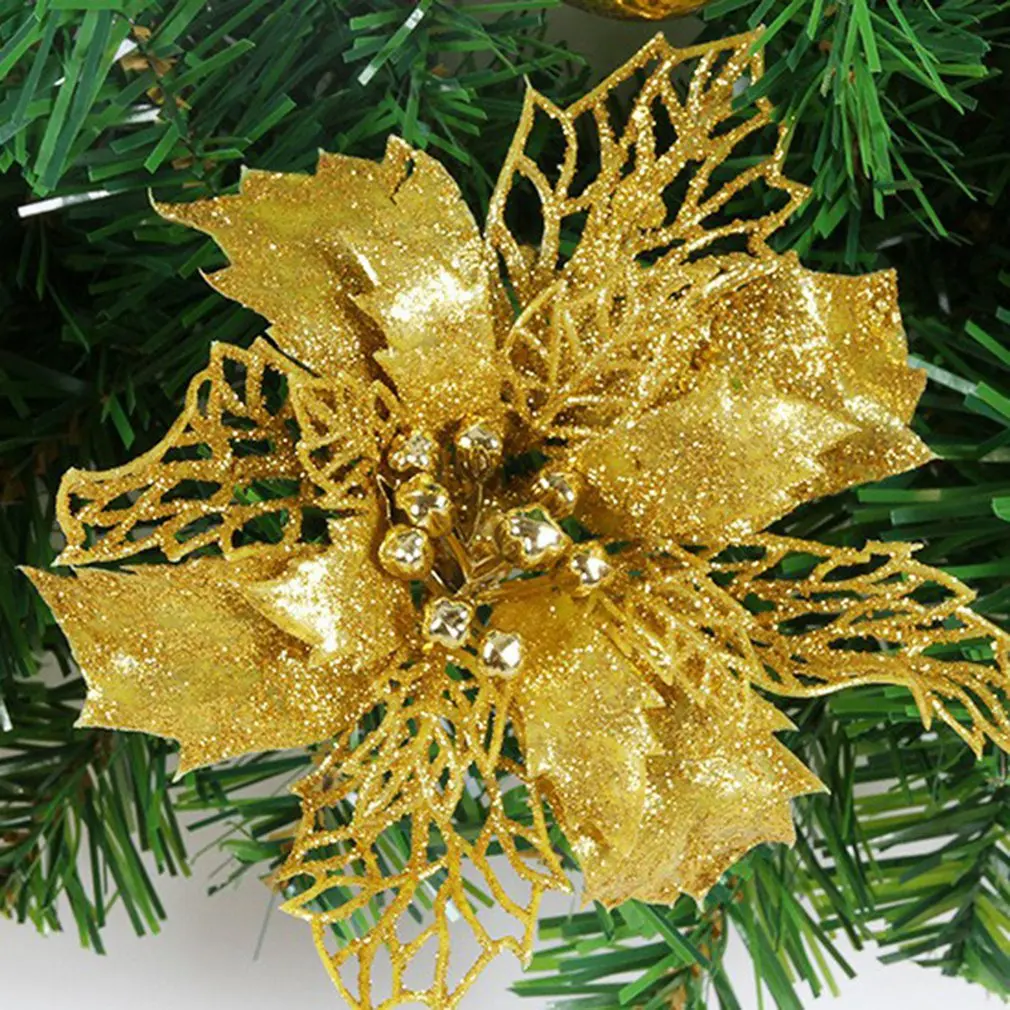 Conjunto de 6 piezas de adornos de flores huecas de Navidad, accesorios florales de purpurina, Corona de Navidad, decoraciones de árbol para fiesta, hogar y boda