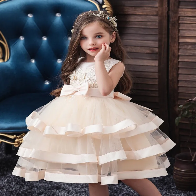 Retail Appliques Princess Girls Birthday Evening Party Gown Dress Noble Elegant Gold Line Girls Wedding Dress Ribbon hem