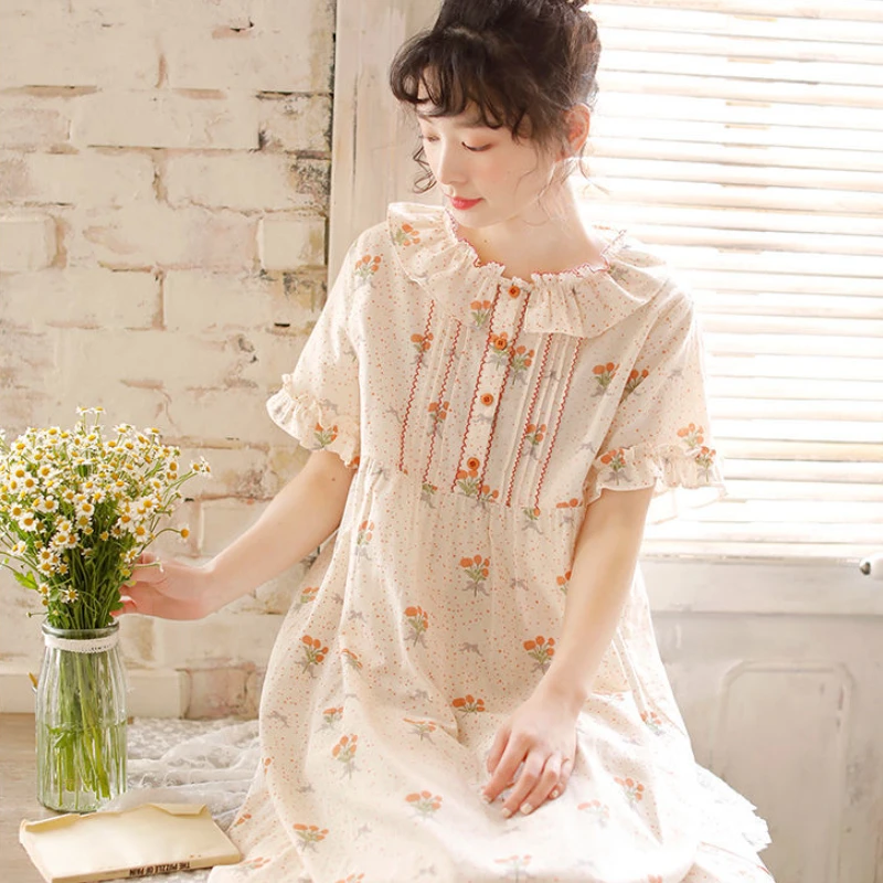 

Pure Cotton Floral Night Dress Women Summer Kawaii Nightgowns Princess Sleepwear Girl Nightdress Home Wear Sweet Ruffles Nightie