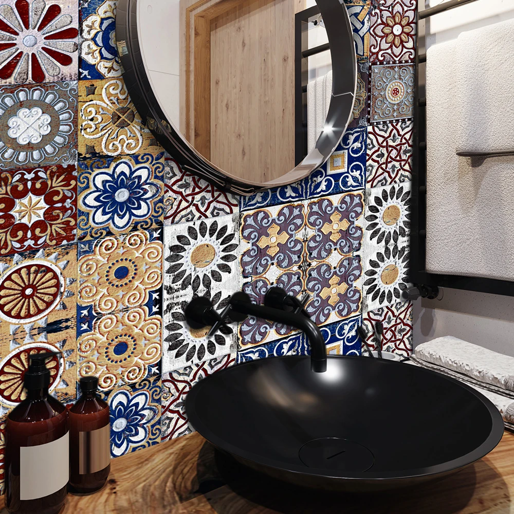 16pcs Retro Moroccan Style Tiles Kitchen Oil-poof & Waterproof Sticker Washbasin Bathroom Home Renovation Peel & Stick Wallpaper