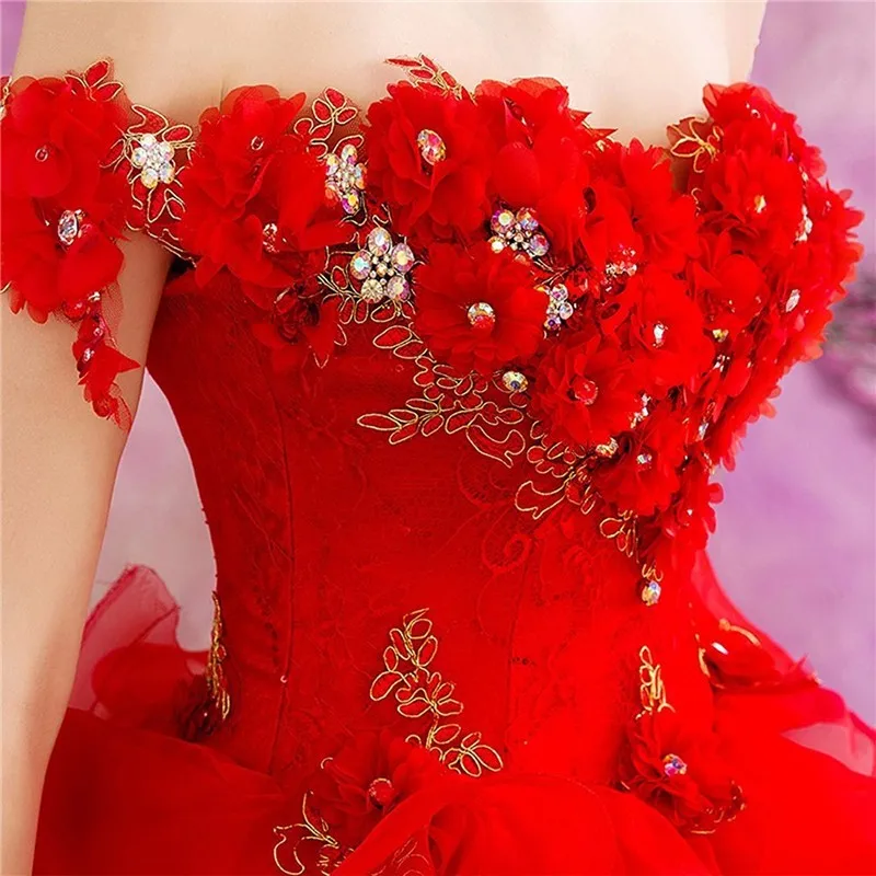 Vendita calda Rosso Principessa Al Largo Della Spalla Abito di Sfera Abiti Stile Quinceanera Appliques In Rilievo Fiori Dolce 16 abiti Abiti De 15 Años