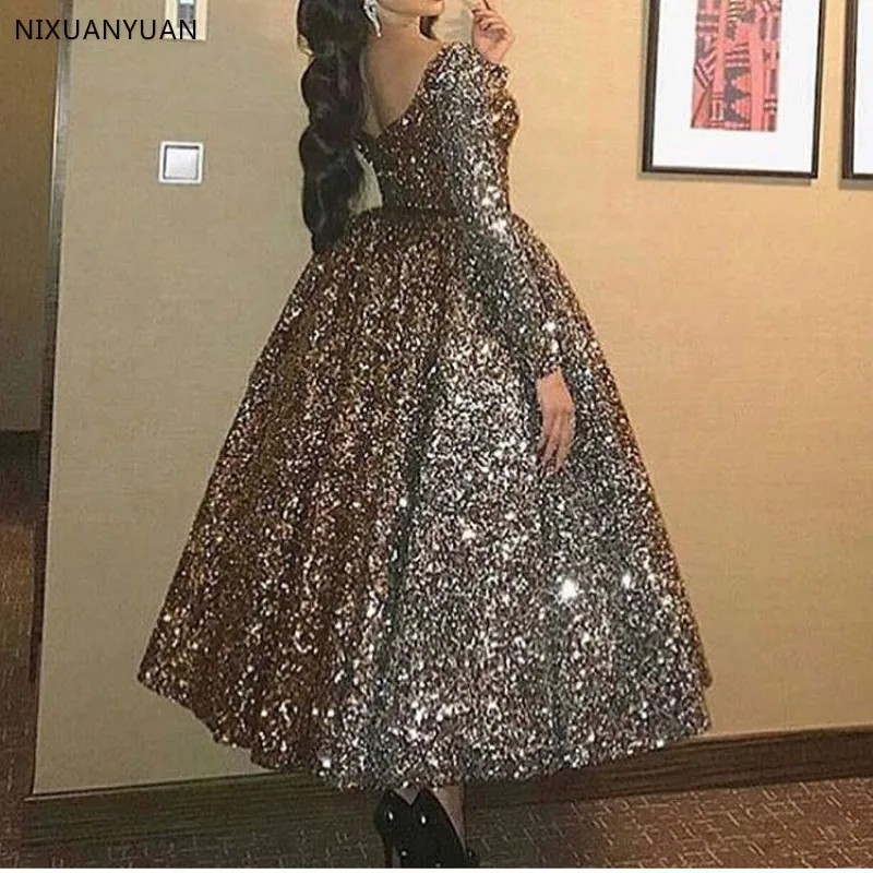 Sexy Elegant Women Formal Gala Party Dress Plus Size Arabic Muslim Gold Long Sleeve Short Evening Prom Dresses Gown 2023