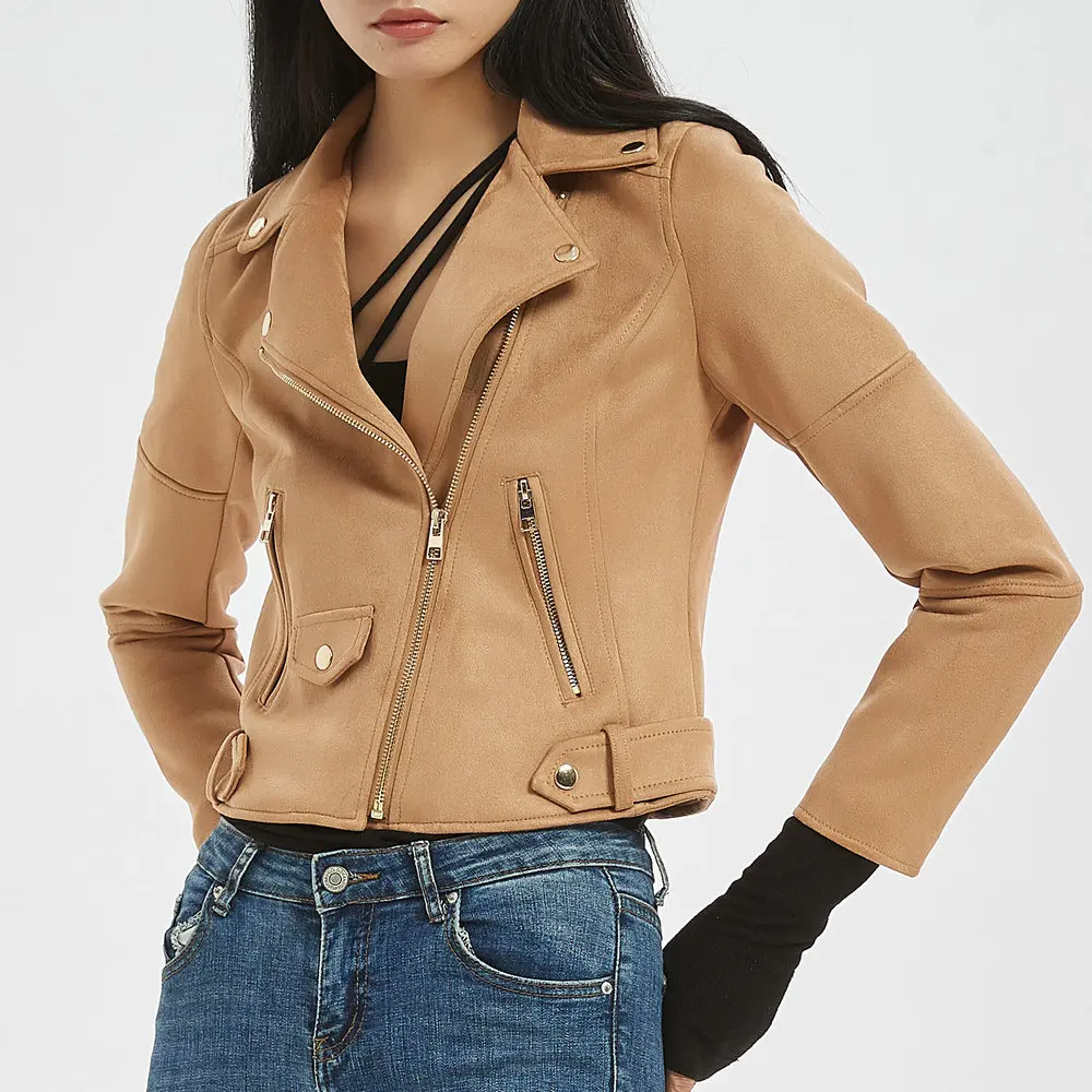 

2021 New Autumn Winter Women Motorcycle Soft Faux Suede Leather Jackets Female Punk Short Khaki Matte Streetwear Coats Clothes