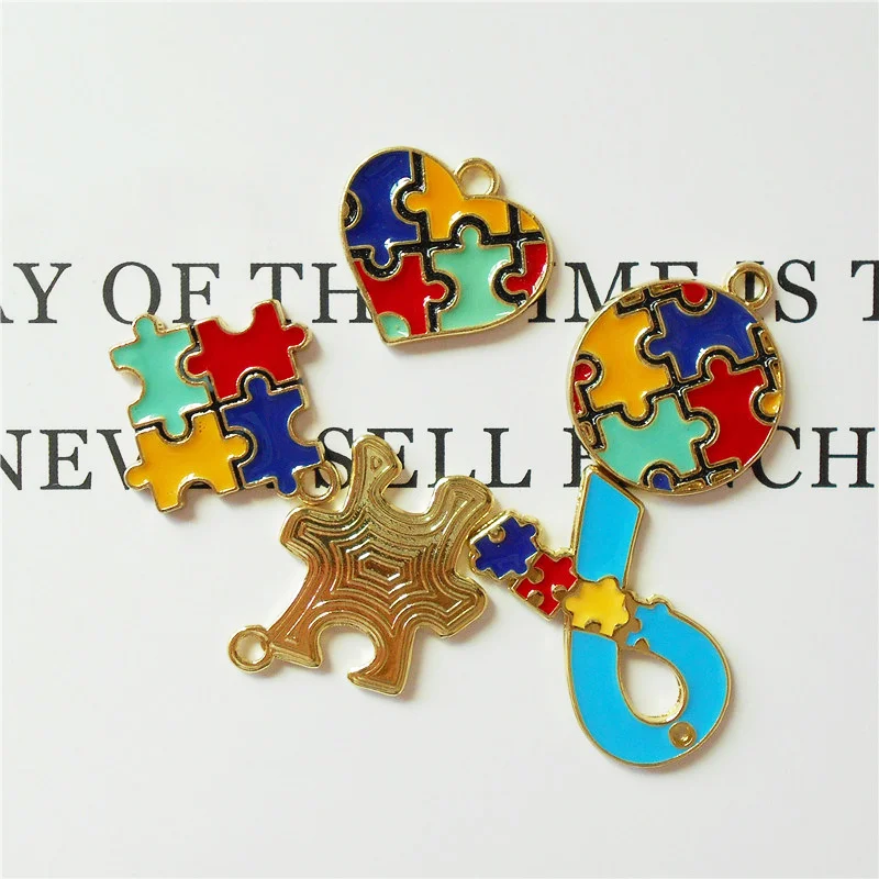 Julie Wang 5PCS Enamel Autism Awareness Jigsaw Puzzle Charms Necklace Bracelet Earrings Jewelry Making Accessory