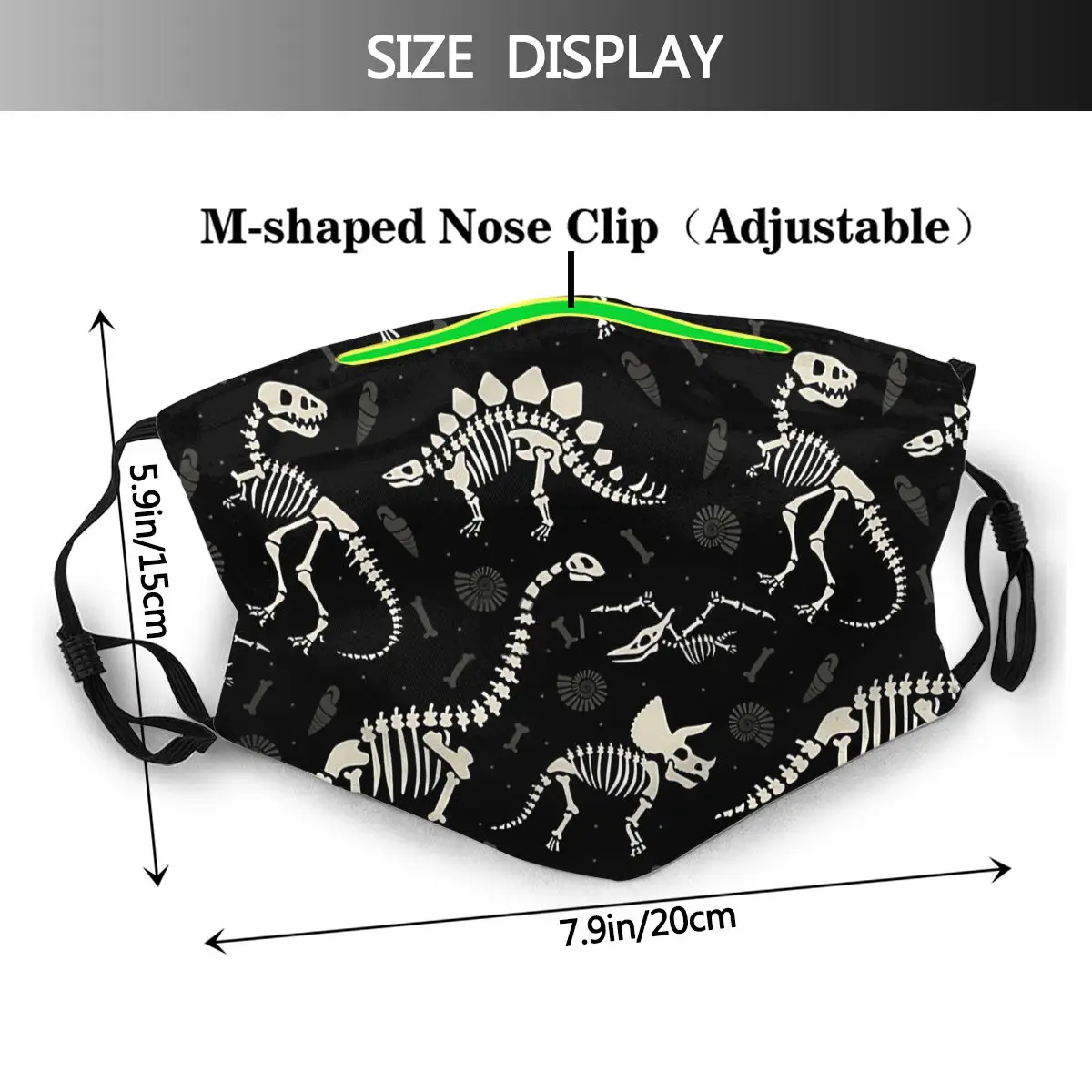 Dinosaur Fossils In Black Unisex Mask Hip Hop Graffiti Street Art Comfortable Wasbaar Pattern Cotton Muffle With Filters