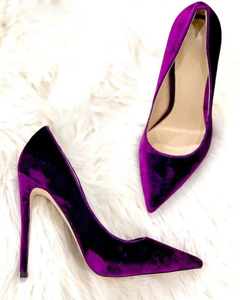 Purple Royal Blue Velvet High Heel Sexy Pointed Toe Velvet Pumps Woman Party Dress Heels Super High Stiletto Heels Wedding Shoes