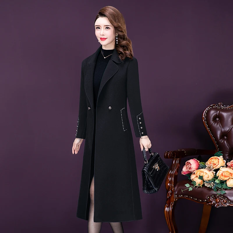 L-5XL New Women Double-faced Wool Blends Coat Winter 2025 Fashion Mother Suit Collar Long Jacket Warm Slim Tops Outerwear Female