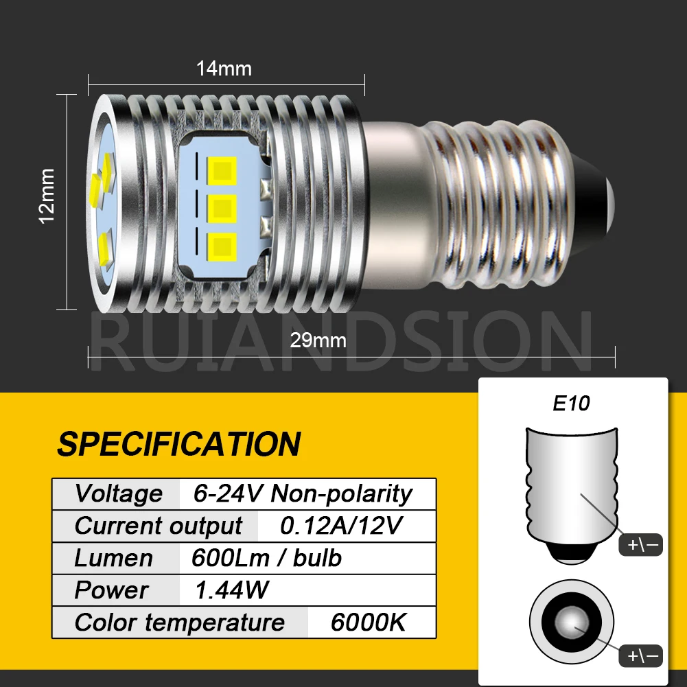 2PCS E10 Base LED Upgrade Lamp For D+C Cell Flashlights CSP 0.6W AC/DC 6V 12V 6-24V Replacement Torch Bulbs 18V White Yellow