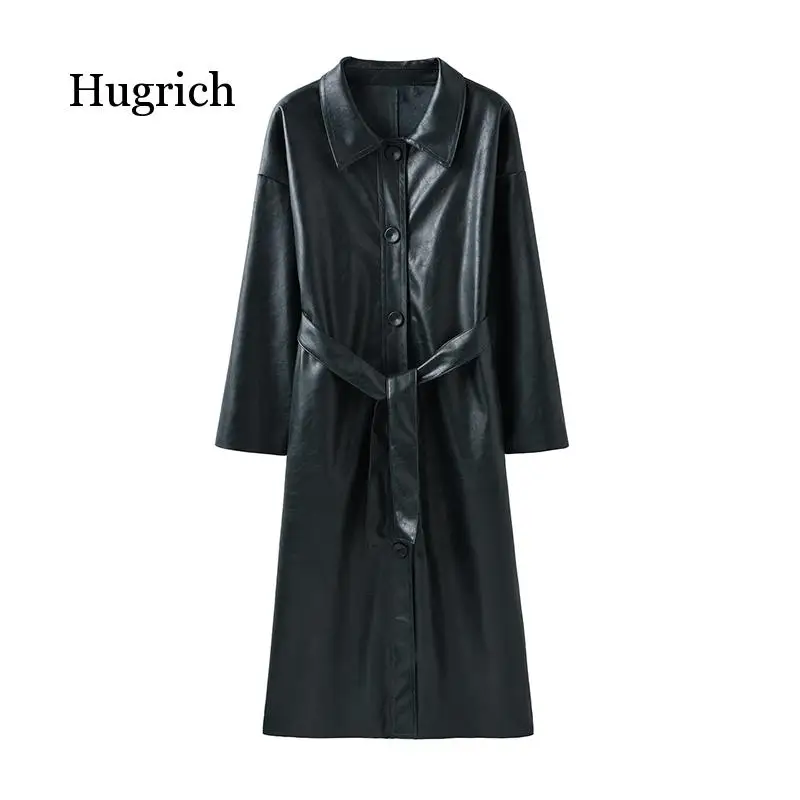 Cool PU Leather Long 2020 New Autumn Women Loose Belt Windbreaker Trench Coat Slim Spring Jacket