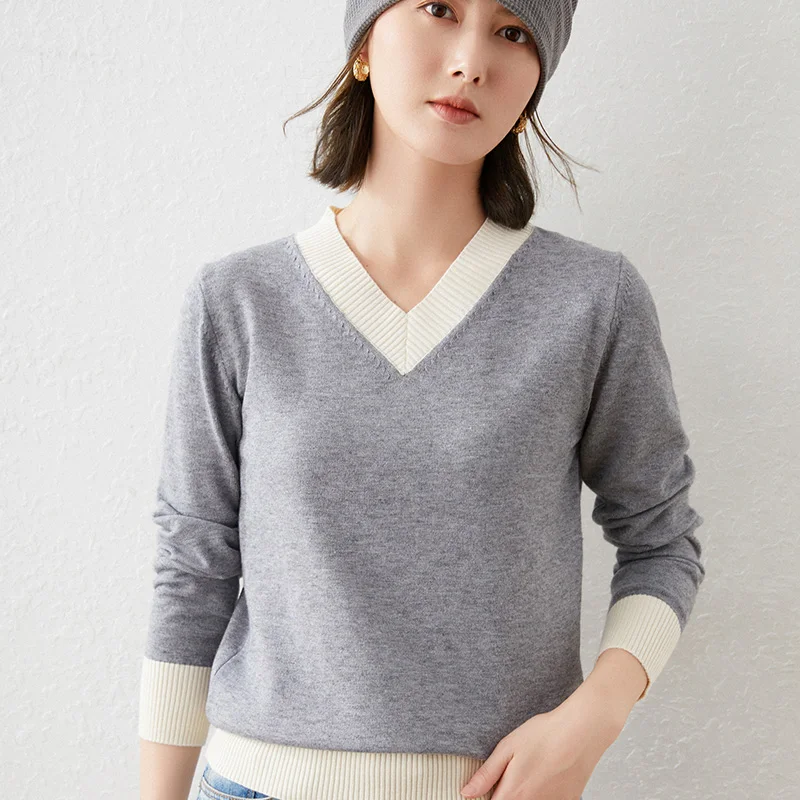 Suéter de Cachemira con cuello en V para mujer, Jersey de punto informal, top de otoño e invierno, 2021