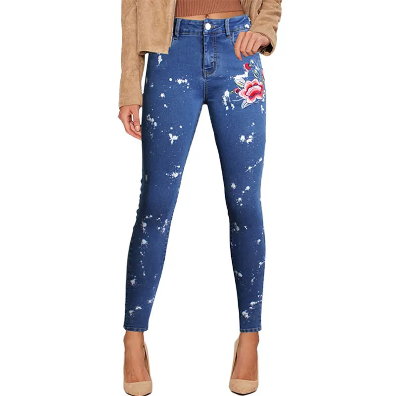 

Women Roses Embroidery Jeans With High Waist Tight Pencils Blue Denim Pants Skinny Casual Fashion Jeans For Girls