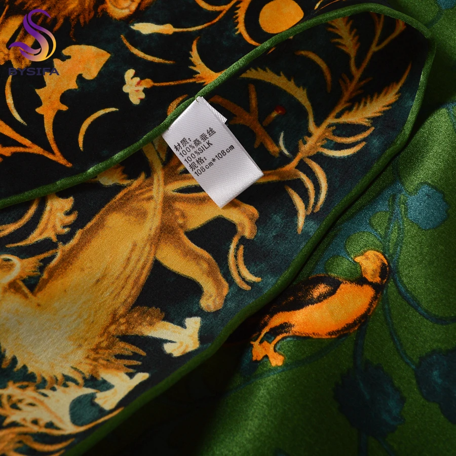 BYSIFA|Winter Gold Green Natural Pure Silk Scarf Shawl Fashion Floral Design Scarves Hijabs Brand Accessories Scarf Cape 110*110