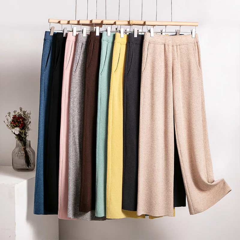 SUYADREAM Winter Pants for Women Wool Blend Elastic Waist Wide Leg Pants 2021 Autumn Winter Chic Trousers