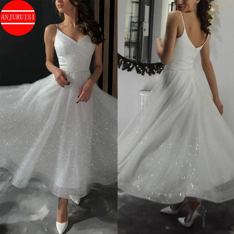 

Sexy Wedding Dress Tea Length Spaghetti Straps Sequined Bridal Gown Vestido De Fiesta Boda Robe Mariage Simple Party Trouwjurk