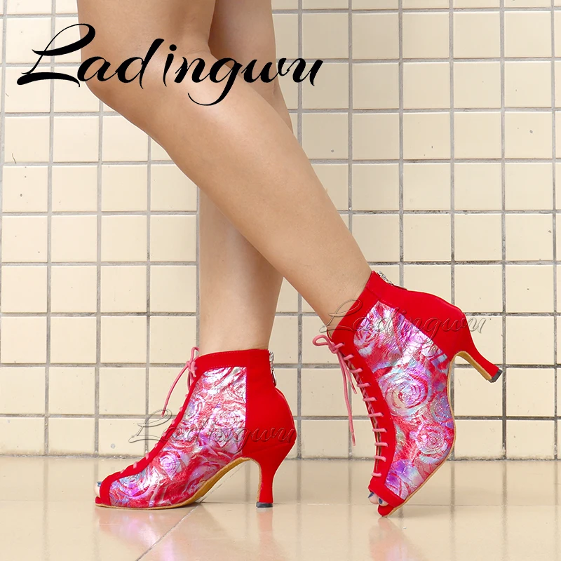 Ladingwu Latin Dance Shoes Salsa Women Fashion Rose Pattern Ballroom Dance Shoes Professional Danc Boots Soft Bottom 6-10cm