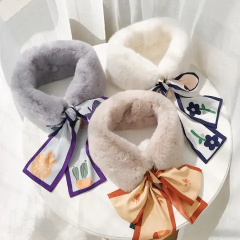 인조 모피 칼라 넥타이 분리형 리본 스카프 네커치프 여성용, 가짜 칼라, 겨울