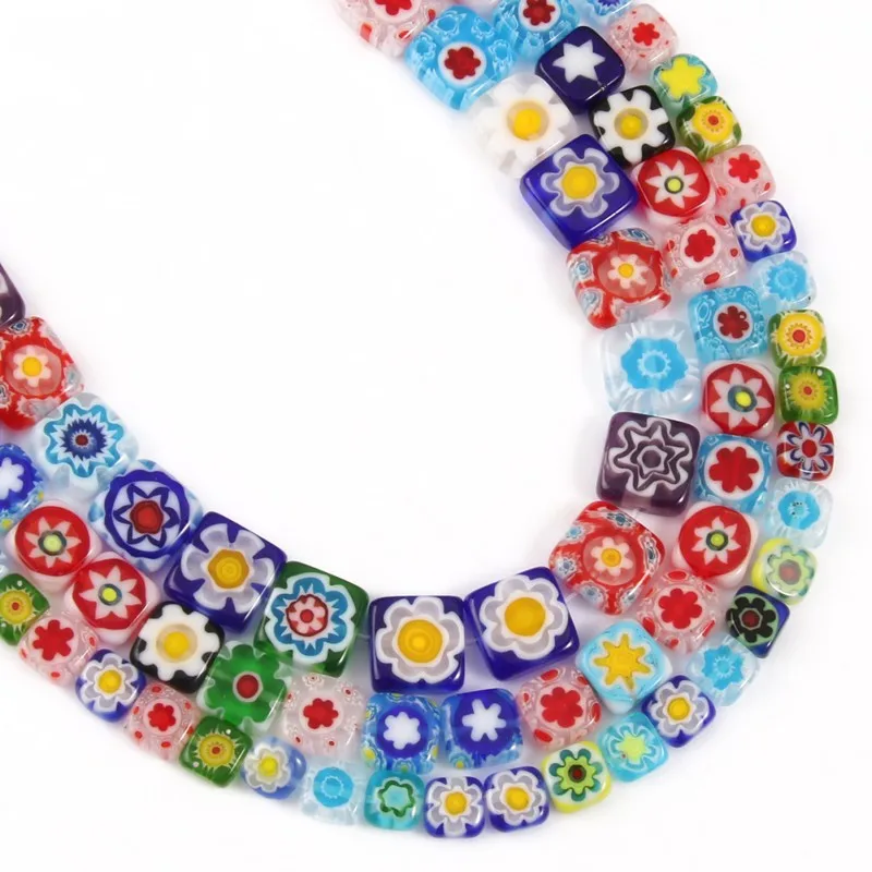 6 8 10mm Square Shape Millefiori Flower Patterns Lampwork Glass Loose Spacer Beads for Jewelry Making Diy Bracelet Accessories