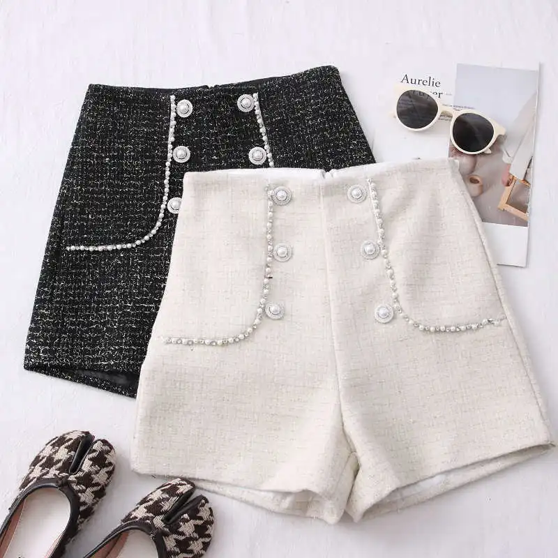 Autumn Winter Fashion Elegant Office Woolen Shorts Women Pink Black Double-Breasted Beaded Slim High Waist Women Shorts C7623