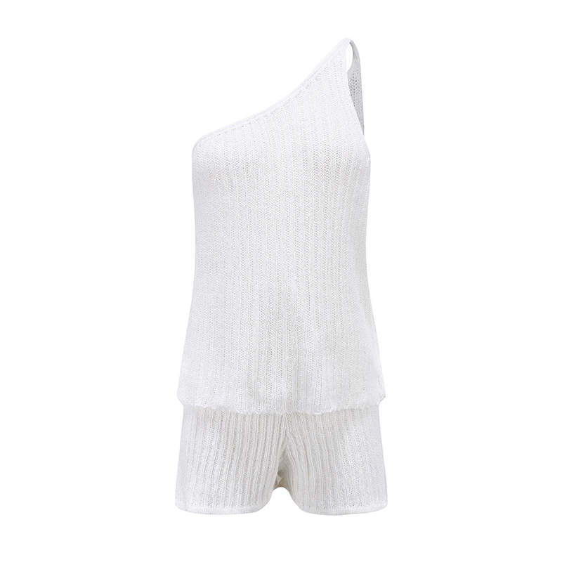 Summer Knitted Ribbed Off Shoulder Women\'s Suit Halter Sleeveless Top Female Rompers 2023 Drawstring New White Casual All Match