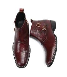 Men Dress Shoe 100% Genuine Leather Metal Zipper Wine Red Party Wedding Luxury Casual Formal Fashion Shoes Mens Chelsea Boots