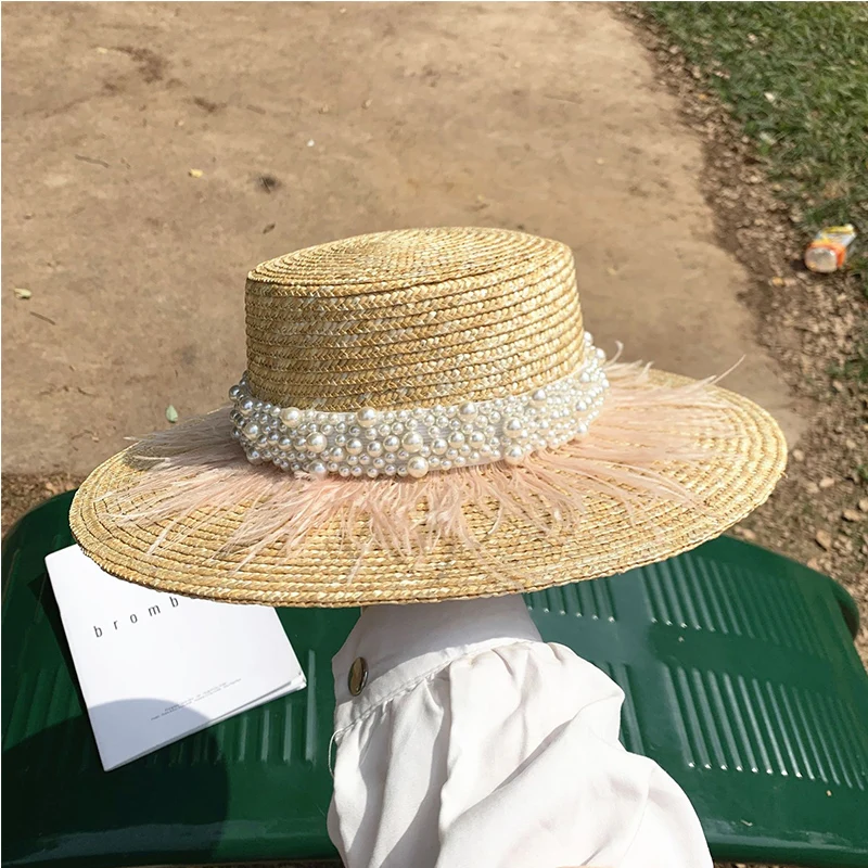 Wide Brim Straw Hat Leather Pearl Decoration Flat Top Summer Hat for Women Fashion Beach Hat Jazz Panama Hat Kentucky Derby Hat