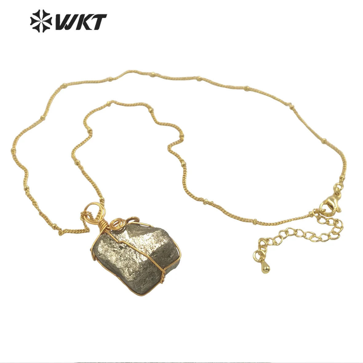 WT-N1345 WKT Beautiful Rectangular Pyrite Necklace And Brass Wire Wound Pendant Lady's Jewelry Necklace Gift Procurement