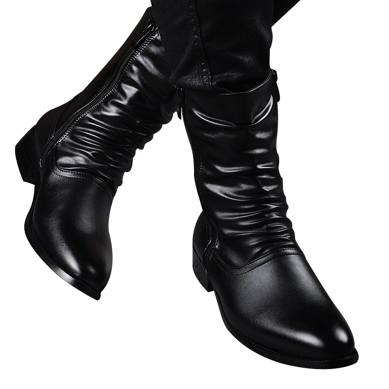 Idopy New Spring Autumn Men Pointed Toe Lace Faux Leather Boots Male Punk Leather High Heels Shoes Zipper Booties