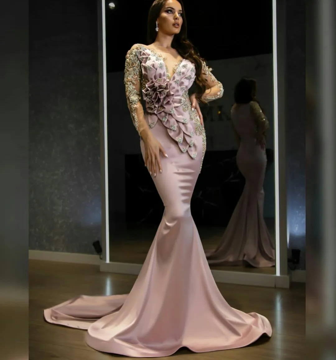 Shiny Beading Mermaid Evening Dresses Sheer V Neck Long Sleeve Hand Made Flowers Prom Dress Girls Pageant Red Carpet Fashion